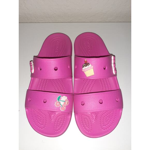 CROCS Iconic Ladies Pink Two Strap Comfort Slides Sandals Jibbitz size 9 EUC - Picture 2 of 6